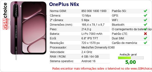 OnePlus N6x Especificações técnicas do telemóvel OnePlus N6x Especificações técnicas do telemóvel