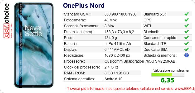 OnePlus Nord Dati tecnici di telefono cellulare 