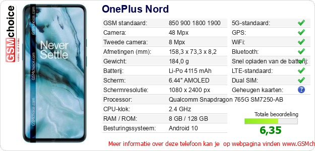 OnePlus Nord Technische gegevens 