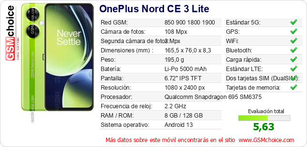 OnePlus Nord CE 3 Lite Datos técnicos del móvil OnePlus Nord CE 3 Lite Datos técnicos del móvil