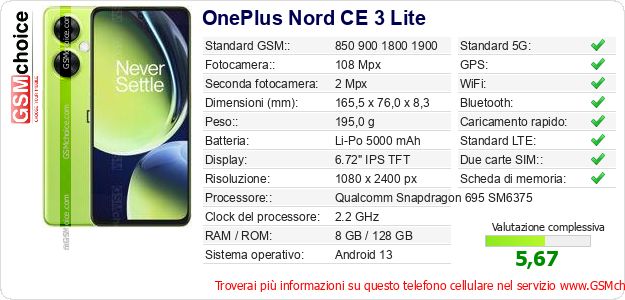 OnePlus Nord CE 3 Lite Dati tecnici di telefono cellulare 