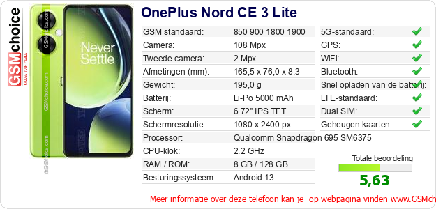 OnePlus Nord CE 3 Lite Technische gegevens OnePlus Nord CE 3 Lite Technische gegevens