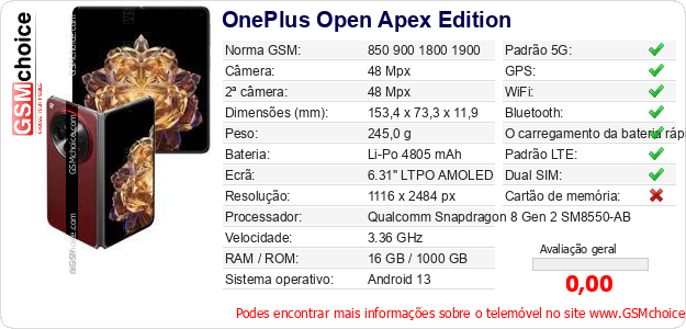 OnePlus Open Apex Edition Especificações técnicas do telemóvel OnePlus Open Apex Edition Especificações técnicas do telemóvel
