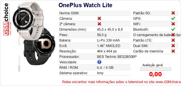 OnePlus Watch Lite Especificações técnicas do telemóvel 