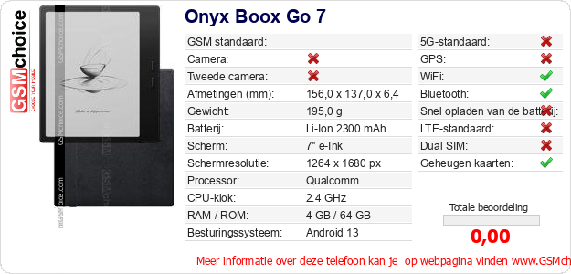Onyx Boox Go 7 Technische gegevens 