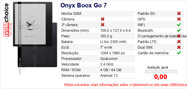 Onyx Boox Go 7 Especificações técnicas do telemóvel 