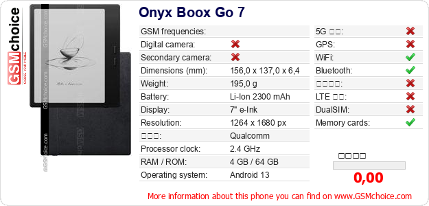 Onyx Boox Go 7 手機技術數據
