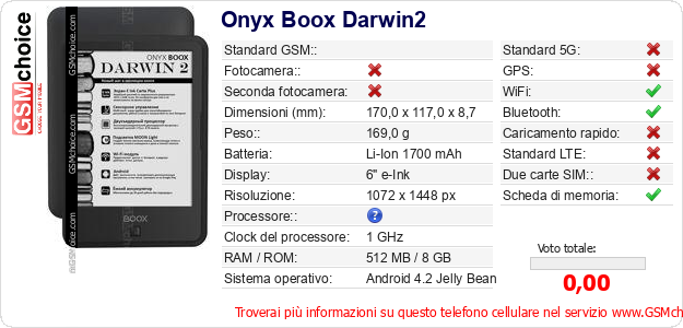 Onyx Boox Darwin2 Dati tecnici di telefono cellulare 
