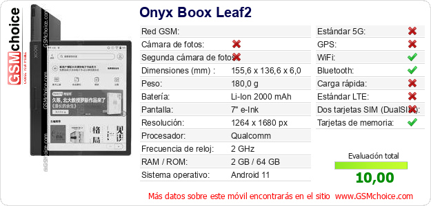 Onyx Boox Leaf2 Datos técnicos del móvil 
