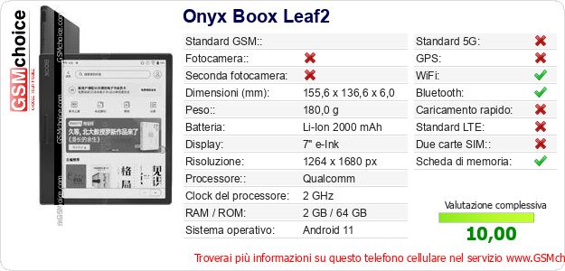 Onyx Boox Leaf2 Dati tecnici di telefono cellulare Onyx Boox Leaf2 Dati tecnici di telefono cellulare