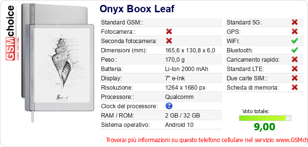 Onyx Boox Leaf Dati tecnici di telefono cellulare 