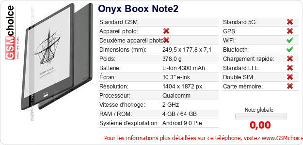 Onyx Boox Note2 Fiche technique
