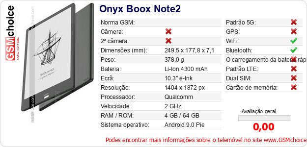Onyx Boox Note2 Especificações técnicas do telemóvel Onyx Boox Note2 Especificações técnicas do telemóvel