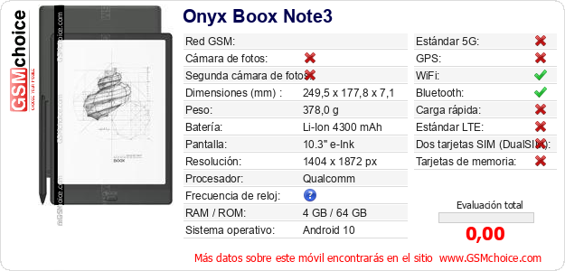 Onyx Boox Note3 Datos técnicos del móvil 