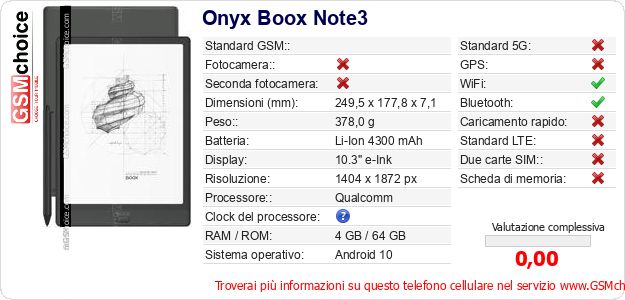 Onyx Boox Note3 Dati tecnici di telefono cellulare 