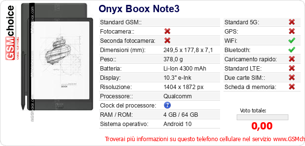 Onyx Boox Note3 Dati tecnici di telefono cellulare Onyx Boox Note3 Dati tecnici di telefono cellulare