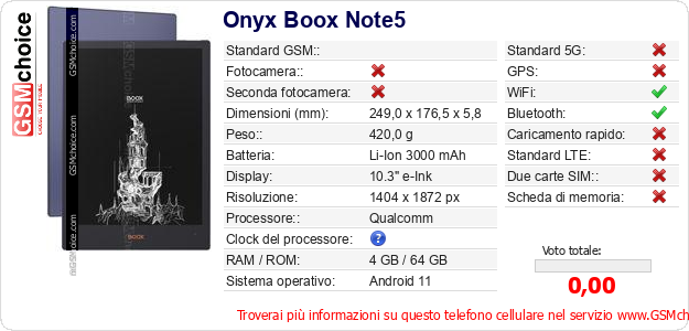Onyx Boox Note5 Dati tecnici di telefono cellulare 