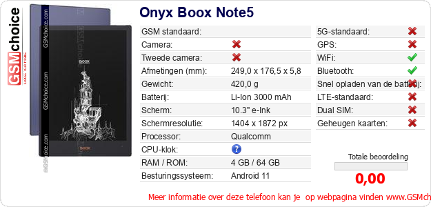 Onyx Boox Note5 Technische gegevens Onyx Boox Note5 Technische gegevens
