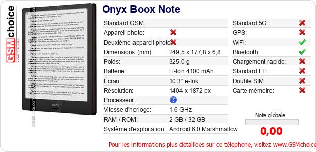 Onyx Boox Note Fiche technique Onyx Boox Note Fiche technique