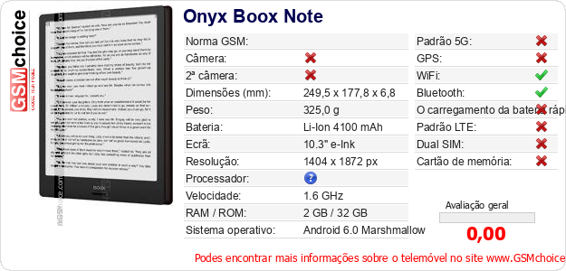 Onyx Boox Note Especificações técnicas do telemóvel 