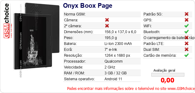 Onyx Boox Page Especificações técnicas do telemóvel 