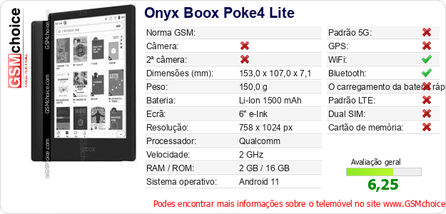 Onyx Boox Poke4 Lite Especificações técnicas do telemóvel Onyx Boox Poke4 Lite Especificações técnicas do telemóvel