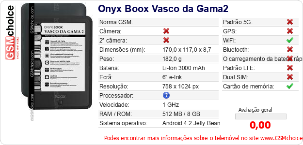 Onyx Boox Vasco da Gama2 Especificações técnicas do telemóvel 