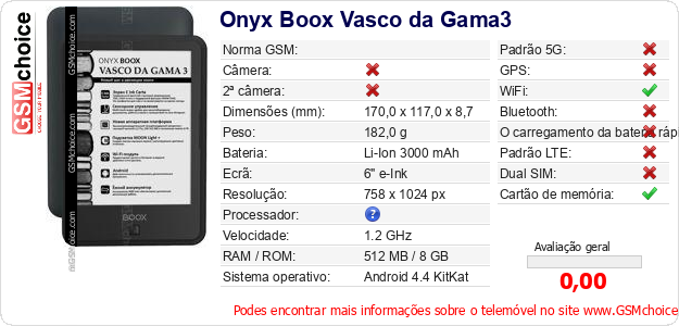 Onyx Boox Vasco da Gama3 Especificações técnicas do telemóvel 
