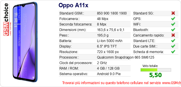 Oppo A11x Dati tecnici di telefono cellulare 
