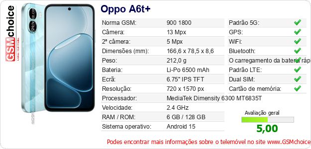 Oppo A6t+ Especificações técnicas do telemóvel Oppo A6t+ Especificações técnicas do telemóvel