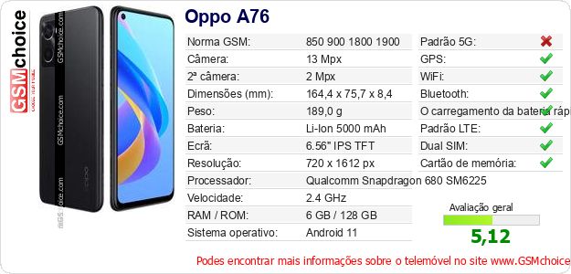 Oppo A76 Especificações técnicas do telemóvel 