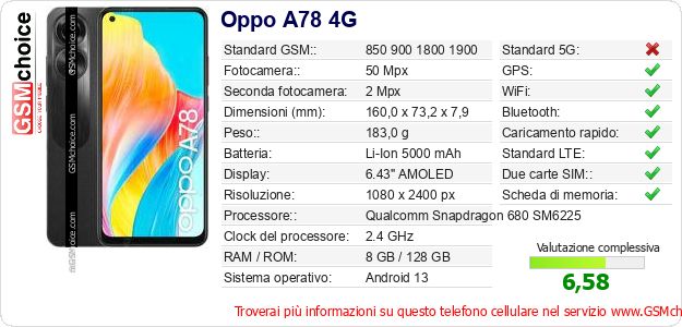 Oppo A78 4G Dati tecnici di telefono cellulare Oppo A78 4G Dati tecnici di telefono cellulare