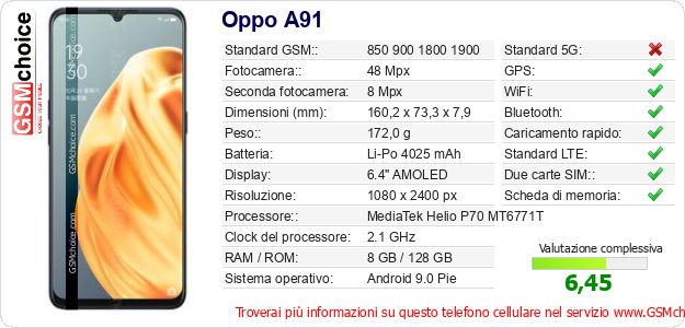 Oppo A91 Dati tecnici di telefono cellulare 
