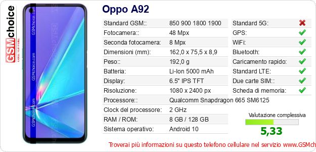Oppo A92 Dati tecnici di telefono cellulare 