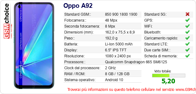 Oppo A92 Dati tecnici di telefono cellulare 