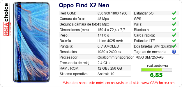 Oppo Find X2 Neo Datos técnicos del móvil 