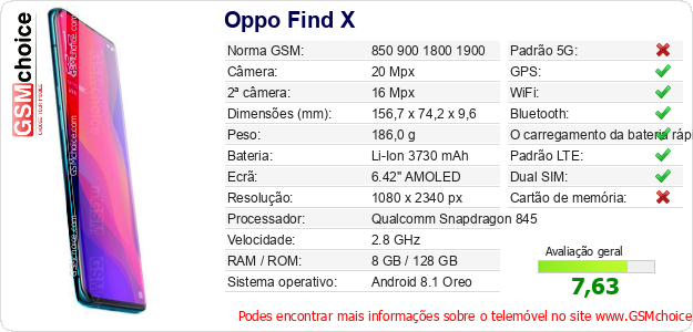 Oppo Find X Especificações técnicas do telemóvel Oppo Find X Especificações técnicas do telemóvel