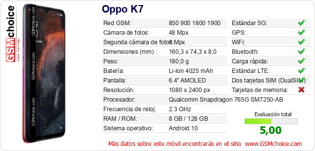 Oppo K7 Datos técnicos del móvil Oppo K7 Datos técnicos del móvil