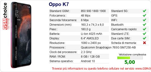 Oppo K7 Dati tecnici di telefono cellulare 