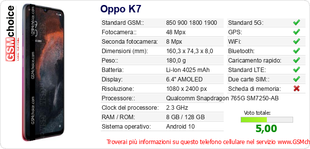 Oppo K7 Dati tecnici di telefono cellulare Oppo K7 Dati tecnici di telefono cellulare