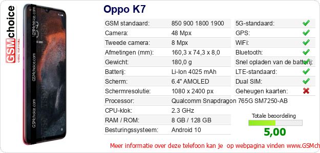 Oppo K7 Technische gegevens Oppo K7 Technische gegevens