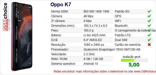 Oppo K7 Especificações técnicas do telemóvel Oppo K7 Especificações técnicas do telemóvel