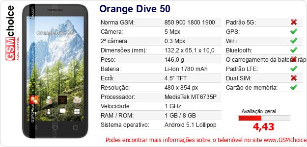 Orange Dive 50 Especificações técnicas do telemóvel Orange Dive 50 Especificações técnicas do telemóvel