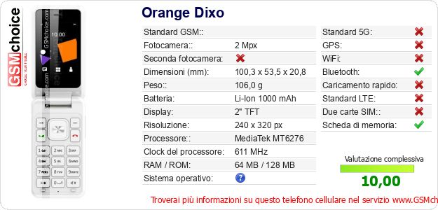 Orange Dixo Dati tecnici di telefono cellulare Orange Dixo Dati tecnici di telefono cellulare
