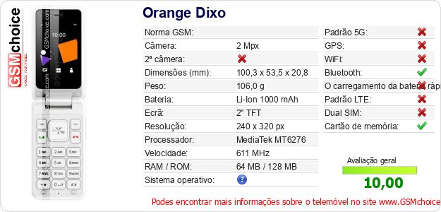 Orange Dixo Especificações técnicas do telemóvel 