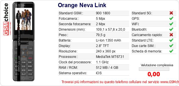 Orange Neva Link Dati tecnici di telefono cellulare Orange Neva Link Dati tecnici di telefono cellulare