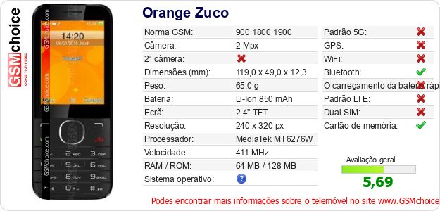 Orange Zuco Especificações técnicas do telemóvel Orange Zuco Especificações técnicas do telemóvel