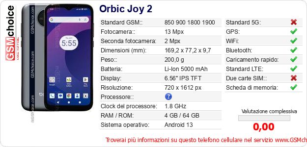 Orbic Joy 2 Dati tecnici di telefono cellulare 