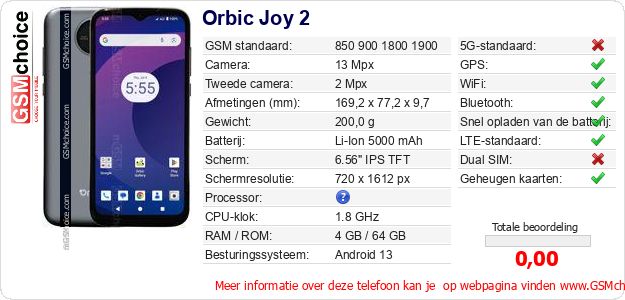 Orbic Joy 2 Technische gegevens 