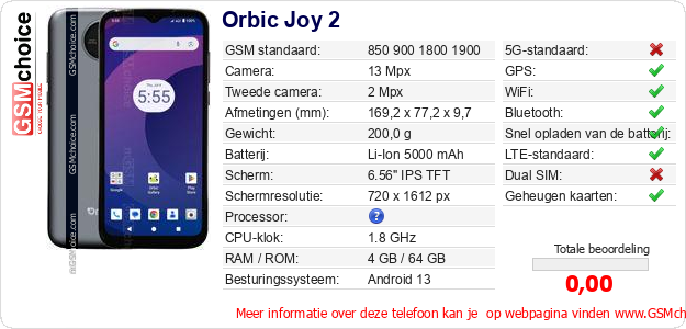 Orbic Joy 2 Technische gegevens Orbic Joy 2 Technische gegevens